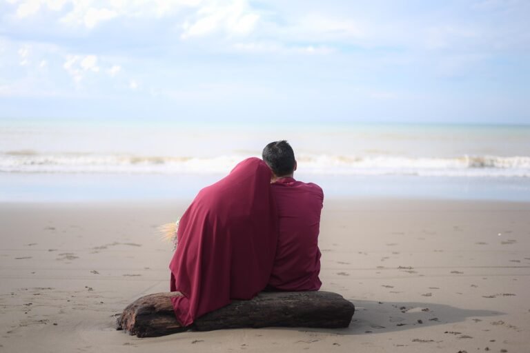 couple, romantic, beach, sand, coast, coastline, love, affection, together, man, woman, romance, muslim, nature, hijab
